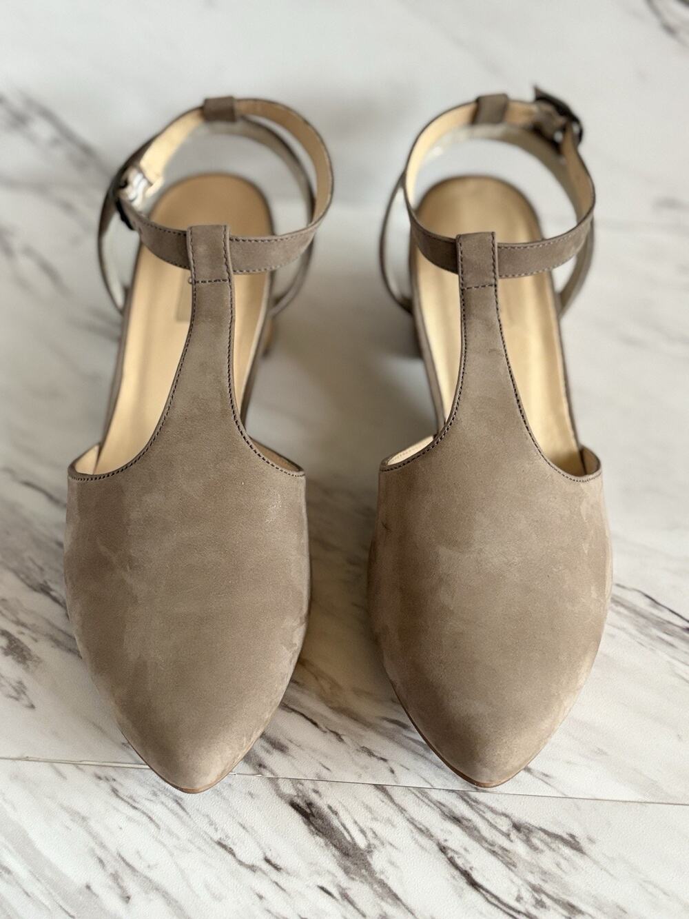 Paul Green T-Strap D’Orsay Suede Block Heels — US 8.5 Taupe, Mary Jane Office
